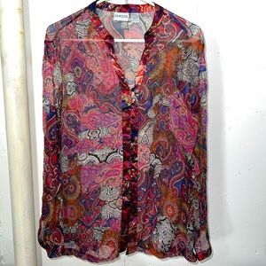 Chico’s Long Sleeve Button Down 100% Silk Blouse Paisley Print Multi Color 2 L